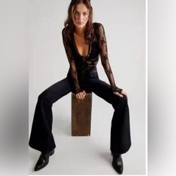 Free People Jeans x Sandrine Rose washed Black Wide Leg Super Flare Jeans NWT 29 - Picture 4 of 11